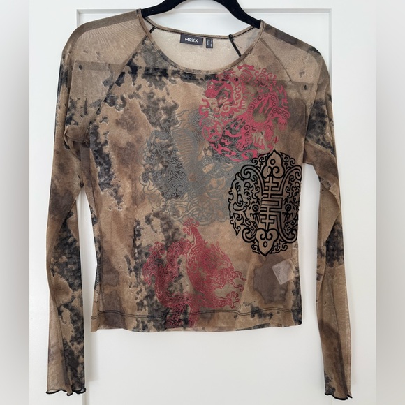 Mexx Tops - MEXX Dragon Tattoo Mesh Top Y2K Sheer Long Sleeve Size S
